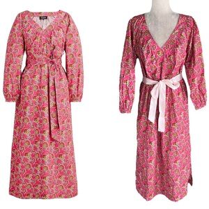 NWT J. Crew Ratti Italy Pink Blossoms Poplin Tie Waist Cotton Midi Dress - S